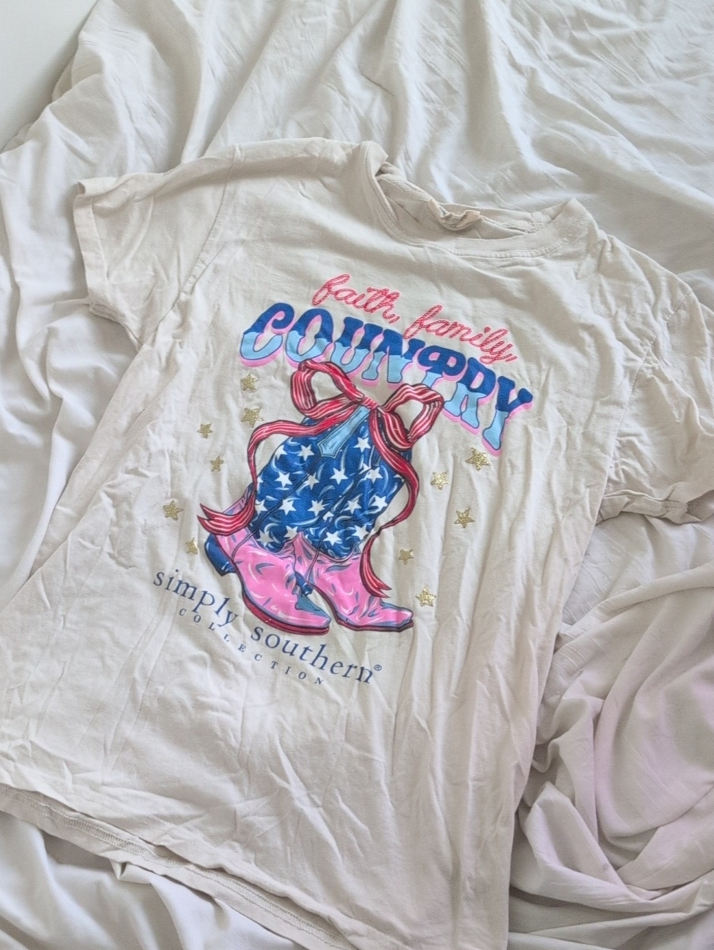 Simply Southern White Tee with Pink & Blue Patriotic Cowboy Boots